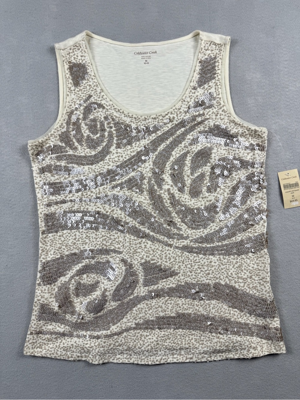 Coldwater Creek Women's Sequins Swirl Tank Top Shell Ivory Medium NWT Nautical